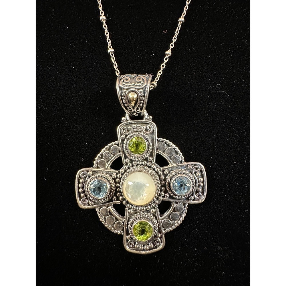 VTG Sterling Silver & 18K Gold SUARTI BALI Topaz MOP Cross Pendant Necklace
